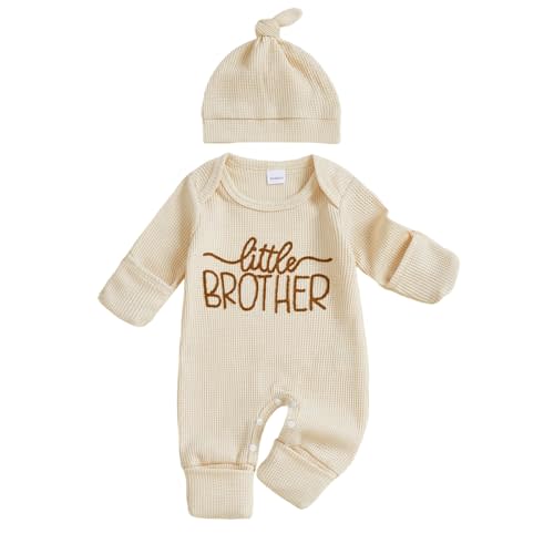 allshope Newborn Baby Boy Fall Outfit Romper Little Brother Lil Bro Long Sleeve Jumpsuit Bodysuit Cute Infant Waffle Clothes