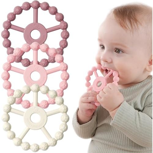 3 Pack Ring Teether Baby Infant Toys, Silicone Teething Ring Toys for Babies 0-6 Months, Seposeve Baby Teethers 6-12 Months 12-24 Months, Easy to Grasp Toy, Baby Teething Relief, Purple Pink White