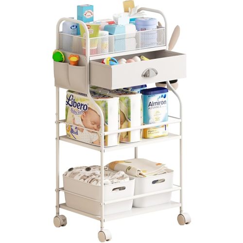 Baby Diaper Caddy Cart Organizer -3 Tier, Bedside Nursery Essentials Cart & Storage Holder for Newborn Baby Stuff, 2+1 Dividers, 1 Drawer,Rolling Utility Cart for Bedroom,Changing Table, Crib