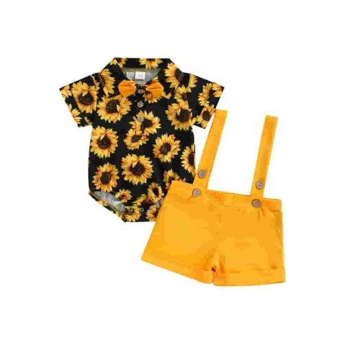 Bagilaanoe 2pcs Newborn Baby Boy Short Pants Set Sunflower Print Neckline Bow Jumpsuit Tops+ Bib Shorts 6M 12M 18M 24M Summer Outfits