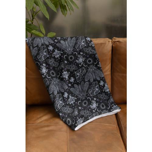 Witchy Cicada Blanket, soft velveteen throw baby or adult bedding decor w/ dark esoteric occult moth & celestial goth sun and moon print
