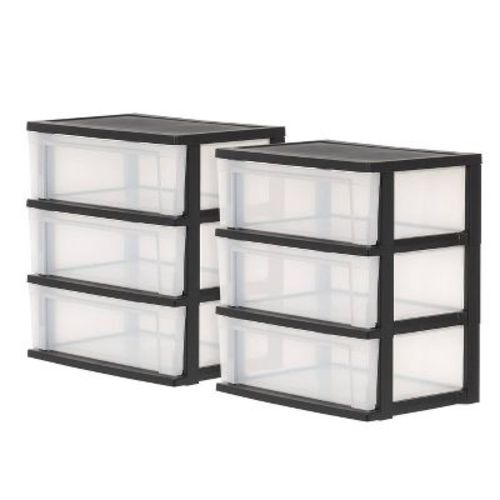 IRIS 2pk 3 Drawer Plastic Storage Chests: Black Polypropylene Organizer, Universal Storage, Floor Freestanding