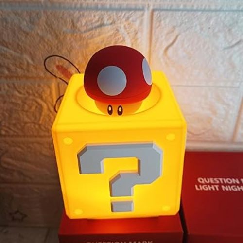 Super Bros Mushroom Lamp, Question Block Night Light, Bedside Lamp with Game Coin Sound Effect, for Children's Room Decoration, Birthday Gifts for Boy Girls Kids