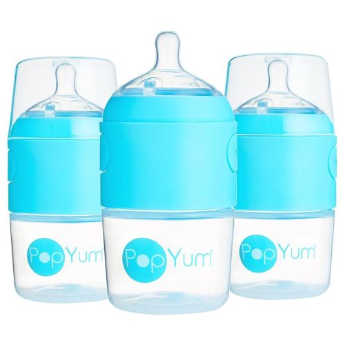 PopYum 5 oz Blue Anti-Colic Formula Making/Mixing/Dispenser Baby Bottles, 3-Pack with #1 Slow Flow Nipples, 150 ml, BPA-Free, Natural Latch