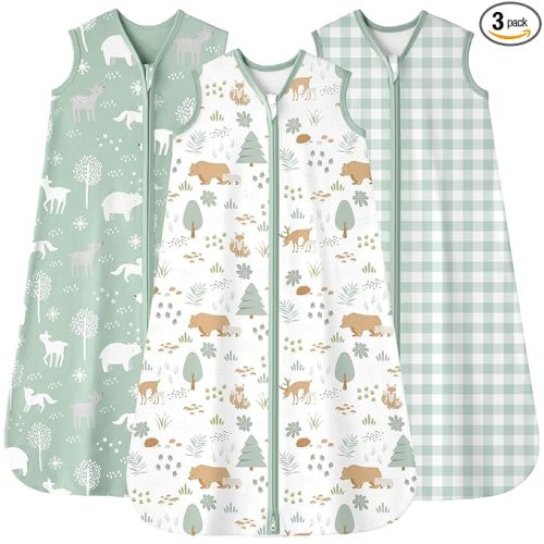 Baby Sleep Sack 6-12 months, 100% Cotton Sleeping Sack for Newborn and Infant, 3 Pack Baby Wearable Blanket, 0.5 Tog Lightweight Double Zipper Sleep Bag Medium Green Forest Bear