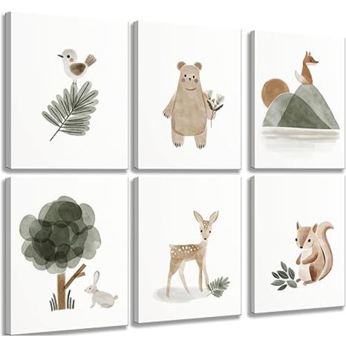 6 Pieces With Woodland Nursery Canvas Wall Art Neutral Sage Green Bohemian Minimalist Forest Animals Paintings Pictures Wall Decor Poster Print Artwork For Kids Room Baby Room Boys Girls Bedroom - 8x10in