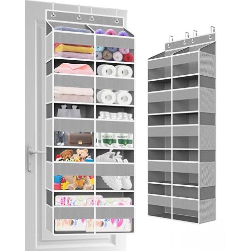 Clothink Over The Door Organizer Multi Pocket,5 Tier Large Hanging Shelf for Storage Kids Toys, Diapers, Clothes,Yarn,Heavy Duty Behind Door Storage for Bedroom Bathoom Nursery Closet Pantry,Gray