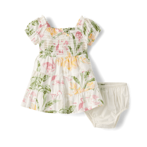 Baby Girls Matching Family Tropical Smocked Tiered Dress - White
