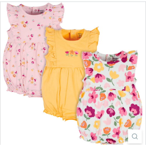 3-Pack Baby Girls Floral Fox Rompers – Gerber Childrenswear 0-3 months