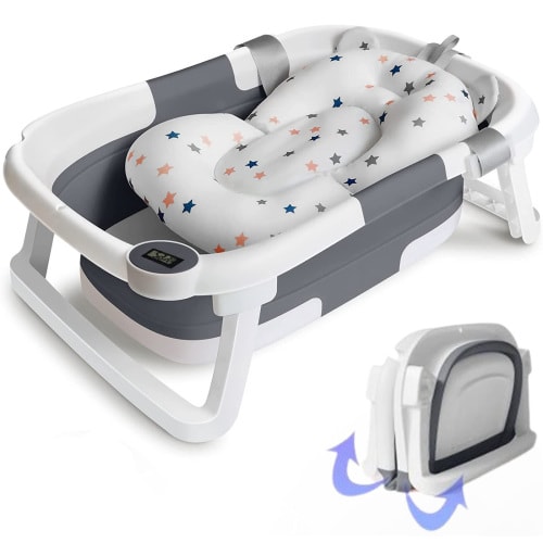 SHANNA Foldable Baby Bath Tub with Thermometer, Newborn Baby Plastic Bathtub with Cushion Pad, Childrens Collapsible Travel Shower Bath Tubs, Gray