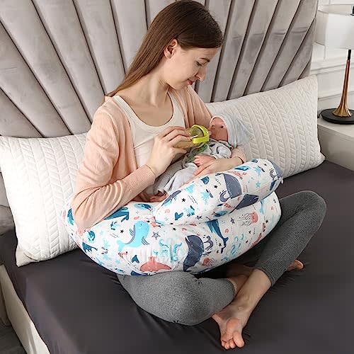BABYLIAN Nursing Pillow for Breastfeeding,Ergonomic Baby Feeding Pillows with Removable Washable Cotton Slipcover, Adjustable Waist Strap,Plus Size,More Support for Mom and Baby(Underwater World) 新品