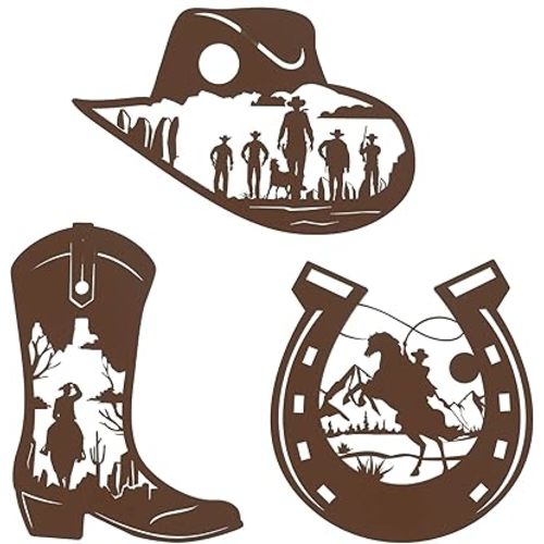 Sumind 3 Pcs Western Wall Decor Horseshoe Cowboy Boots Cowboy Hat Decor Rustic Western Themed Riding Horses for Home Bedroom Bathroom