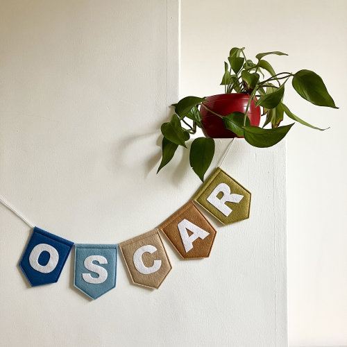 Large Boho Personalised Felt Garland - Land & Sea Customised Nursery Decor Kids Room Decoration - Blue, Brown, Green Felt Flag Name Bunting