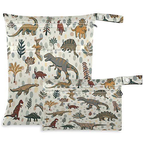 visesunny Vintage Dinosaur Plant 2Pcs Wet Bag with Zippered Pockets Washable Reusable Roomy for Travel,Beach,Pool,Daycare,Stroller,Diapers,Dirty Gym Clothes, Wet Swimsuits, Toiletries