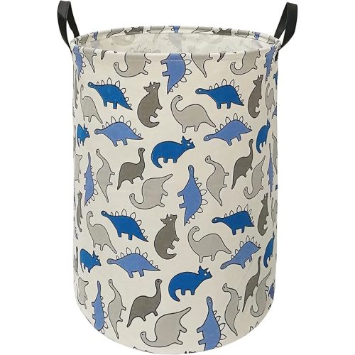Round Laundry Basket Waterproof Cotton Linen Collapsible Storage bin with Handles for Hamper Kids Room,Toy Storage (Blue dinosaur)