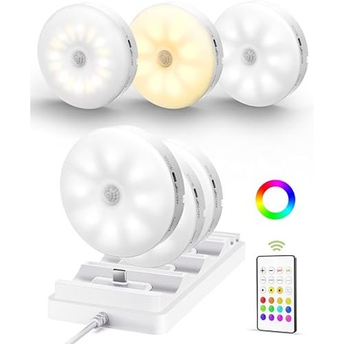 EZVALO Under Cabinet Lighting with Charging Station,1000mAh Rechargeable Puck Lights with Remote, 3 Color Temps & RGB Closet Lights, Dimmable Motion Sensor Lights for Shelf, Kitchen (6 Packs)