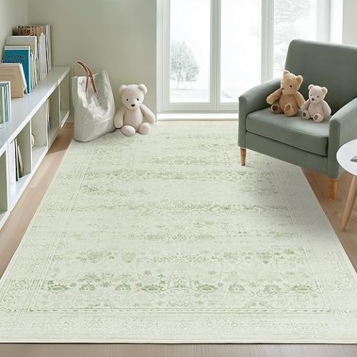 LAISE Green 5x7 Kids Rugs for Playroom Neutral Floral Pattern Design Washable Soft Rugs Low Pile No Slip Carpet for Dorm Kids Playroom Living Room,Bedroom,Dining Room Nursery Powder Room(Green,5x7)