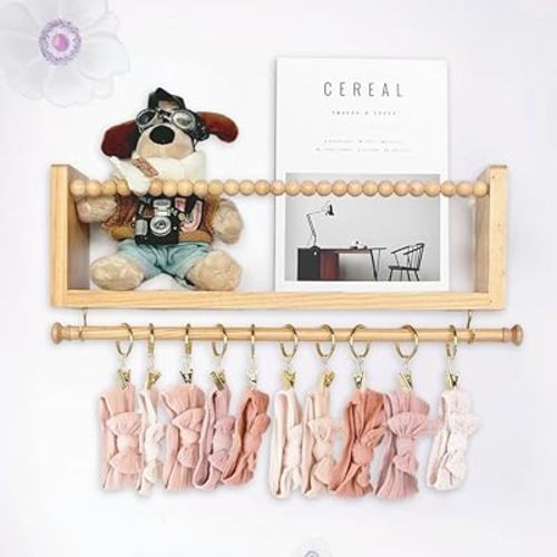Nursery Floating Book Shelves for Wall, Book Shelves Natural Wood Wall Mounted Organizer Headband and Bow Holder Shelf with Rod, Baby Girl Nursery Decor, Baby Girl Shower Gift