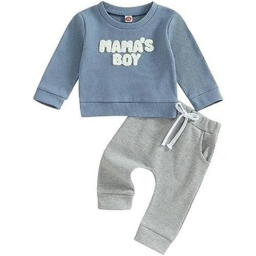 Toddler Baby Boy Clothes Mamas Boy Fall Winter Outfit Long Sleeve Letter Sweatshirt Plaid Jogger Pants Newborn Set