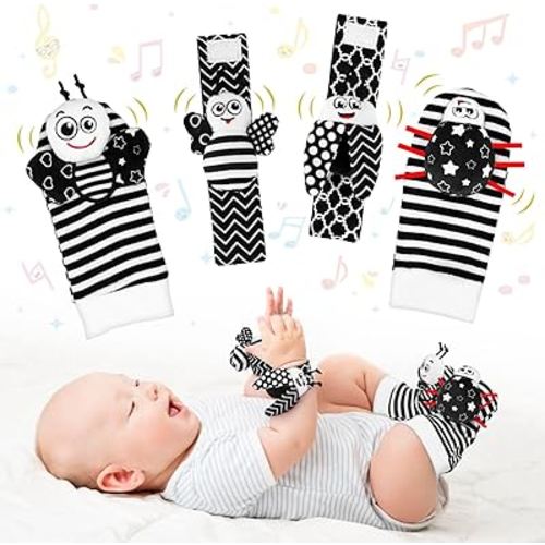 Baby Toys 0-6 Months, 4PCS Foot Finders & Wrist Rattles for Infants Toys Black and White Sensory Toys Baby Essentials for Newborn Wrist Rattle Baby Gifts, Baby Boy Toys 0 3 6 9 Months