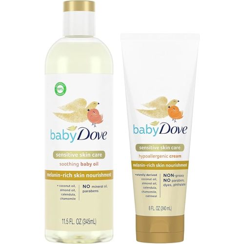 Dove Baby Oil & Baby Lotion, Melanin-Rich Skin Nourishment – Sensitive Skin Care Soothing Baby Oil & Hypoallergenic Cream with Coconut & Sweet Almond Oil, Calendula & Chamomile (2 Piece Set)