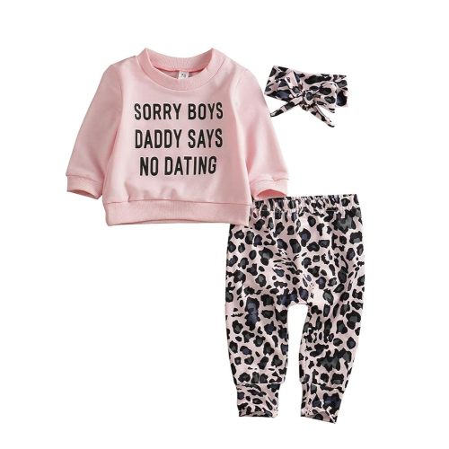 Madjtlqy Newborn Baby Girls Clothes Daddy Saying Top Printed T-Shirt Leopard Pants+Headband Sweatshirt Outfit Set