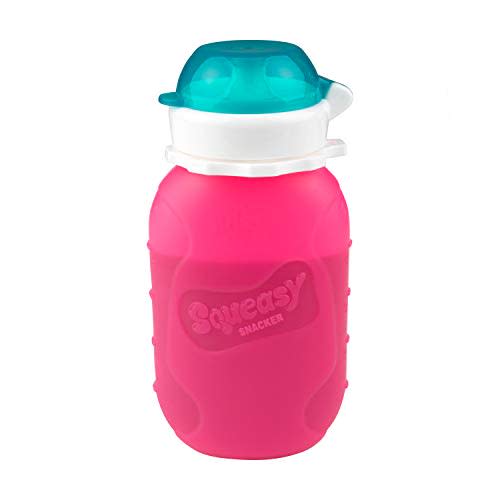 Pink 6 oz Squeasy Snacker Spill Proof Silicone Reusable Food Pouch - for Both Soft Foods and Liquids - Water, Apple Sauce, Yogurt, Smoothies, Baby Food - Dishwasher Safe