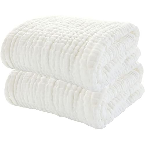 ProC 2Pcs Baby Muslin Bath Towels, Super Soft Cotton Bath Towel 6 Layers Infant Newborn Swaddle Blanket 41.3 X41.3 Inches,Baby Registry as Shower (White)