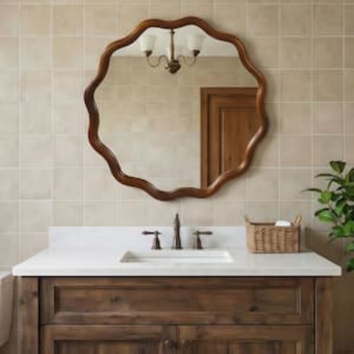 Dark Walnut 24 in. W x 24 in. H Wavy Round Solid Wood Framed Mirror for Bathroom Vanity Living Room Entryway Decor