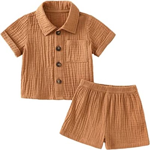 SHIBAOZI Toddler Baby Boys Clothes Set Button-Down Shirt Tops + Cotton Linen Shorts Summer Outfit 2PCS with Pockets