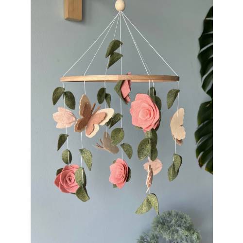 Flowers baby mobile, Butterfly crib mobile, green floral baby mobile, hanging felt mobile, cot mobile for baby girl, flowers nursery decor