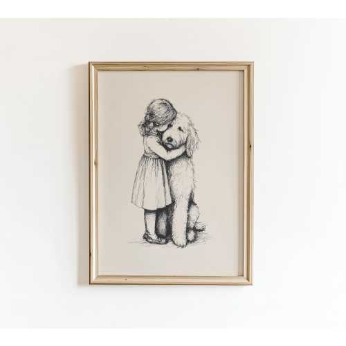 Girl and Goldendoodle Print, Vintage Nursery Wall Art, PRINTED AND SHIPPED