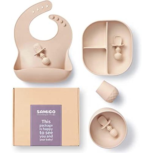 SAMiGO Baby Led Weaning Supplies, Silicone Baby Feeding Set, Suction Plate and Bowl, Self Feeding Spoons, Tiny Cup, Bib, First Stage Food Set, Baby Dishes, Infant Eating Utensils for 6+ Months