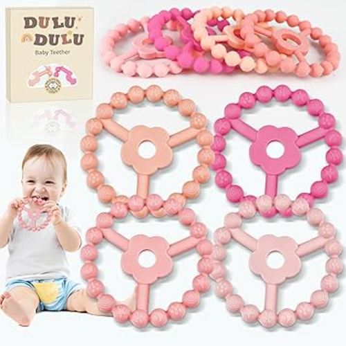 4 Pack Silicone Baby Teething Toys, Teething Rings for Babies 0-6 6-12 Months Newborn Baby Teethers Girl Relief Soothe Baby's Gums Infant Toys Gifts Baby Girls Boys Sweet Pink