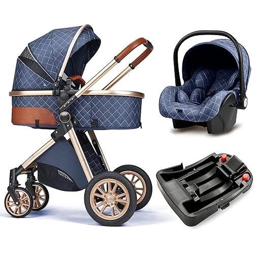 3 in 1 Baby Travel System Infant Baby Stroller Pushchair High Landscape Reversible Foldable Portable Stroller Newborn Pram Reclining Baby Carriage (with Base Blue)