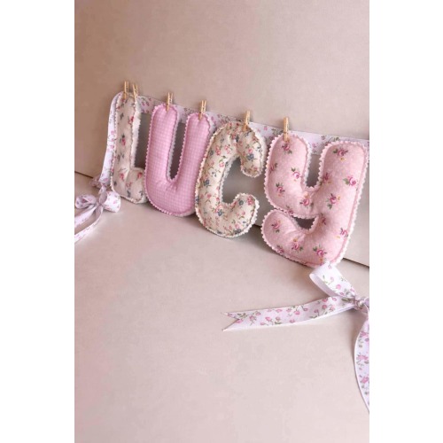 Personalized Name Garland, Pink Floral Coquette Style, Baby Name Banner, Vintage Floral Grandmillennial Nursery Decor, Quilted Fabric Letter