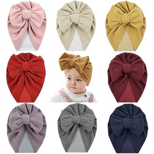 Cinaci 8 Pack Soft Warm Winter Imitated Cashmere Solid Turban Hats Caps Beanies Headwraps with Big Bow for Baby Girls Infants Toddlers Kids