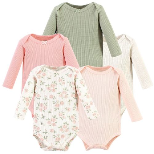 3-6m Hudson Baby Infant Girl Thermal Long Sleeve Bodysuits, Soft Pink Sage Rose, 6-9 Months