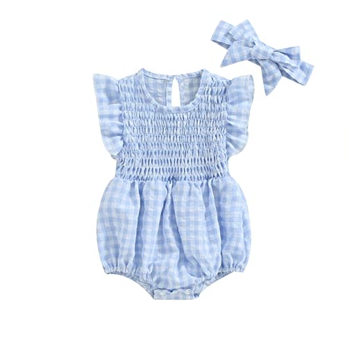 Infant Newborn Baby Girl Summer Outfit One Piece Smocked Romper Ruffle Sleeve Plaid Playsuit Headband 3 6 9 12 18M