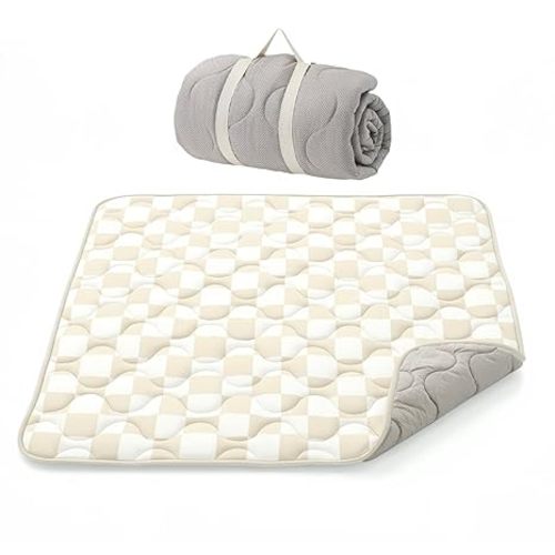 Momcozy Baby Play Mat for Floor, 50x50 Thickened Playpen Mat, Playmate for Baby Tummy Time, Waterproof & Non-Slip, Foldable Outdoor Mat with Carrying Handle, Khaki Plaid