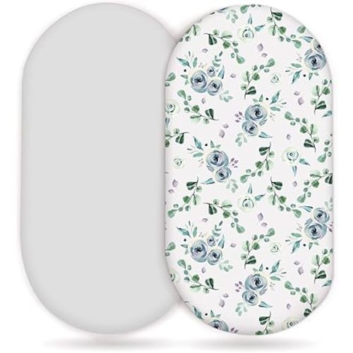 Stretchy Ultra Soft Fitted Bassinet Sheet Set 2 Pack, Universal Cradle Sheet Set for Rectangle, Oval, or Hourglass Bassinet Pad/Mattress, Blue Rose for Girls and Boys