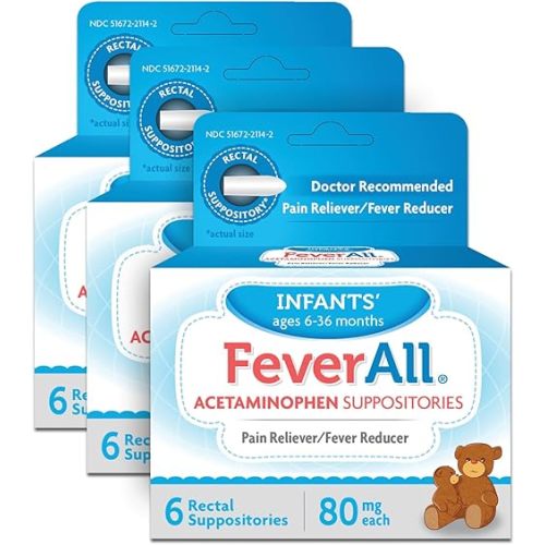 Feverall Infant Acetaminophen Suppositories 6 Rectal Suppositories 80mg Each Pain Reliever/Fever Reducer. Paraben Free, No Artificial Colors or Other preservatives. Ages 6-36 Months. Value 3 Pack.