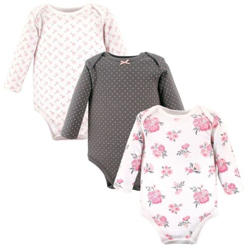 Hudson Baby Infant Girl Cotton Long-sleeve Bodysuits, Basic Pink Floral, 9-12 Months