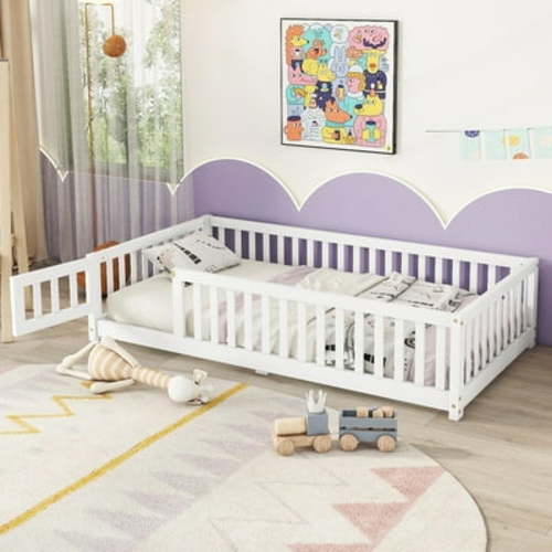 Bellemave Twin Size Floor Bed with Door and Fence Toddler Floor Bed with Bed Slats Sturdy Wood Floor Bed Montessori Bed Frame for Kids, Boys, Girls (Twin, White)
