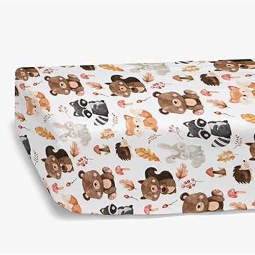 HawSkgFub Woodland Animal Fitted Standard Crib Sheet for Baby Boy Girl, Forest Bear Fox Squirrel Hedgehog Bunny Mushroom Toddler Mattress Cover, Soft Stretchy Nursery Bed Sheets Decor Gift 52" x 28"