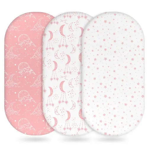 Baby Bassinet Sheets Girl Boy, Fitted Bassinet Sheet Set 3 Pack Bassinet Mattress Sheets Universal Fit for Rectangle, Round, Oval, Hourglass Mattress, Soft Breathable Pink White Moon