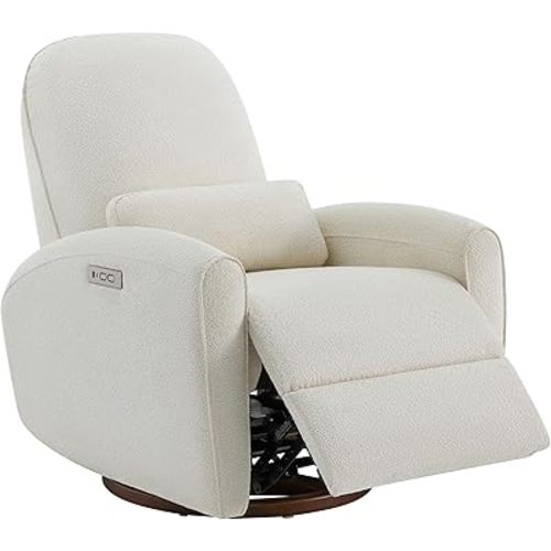 Watson & Whitely Electric Recliner Chairs for Adults, Swivel Nursery Recliner Glider with Pillow Lumbar Support & Solid Wood Base for Living Room, Cream