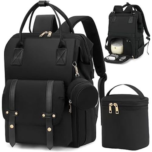 Diaper Bag Backpack for Mom, Breast Pump Bag with Cooler for Breastmilk, Fits Spectra/Medela/Momcozy, Ideal for Work, Travel, Baby Shower Gifts, Boy/Girl, Pacifier Case - Black