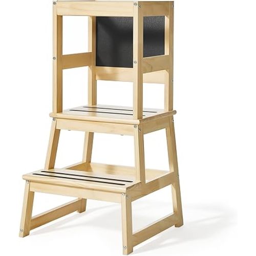 Yojoker Kids Kitchen Step Stool - Toddler Standing Tower, Toddler Kitchen Stool Helper, Montessori Kids Learning Stool with Safety Rail, Anti-Slip Mats and Chalkboard (Natural)