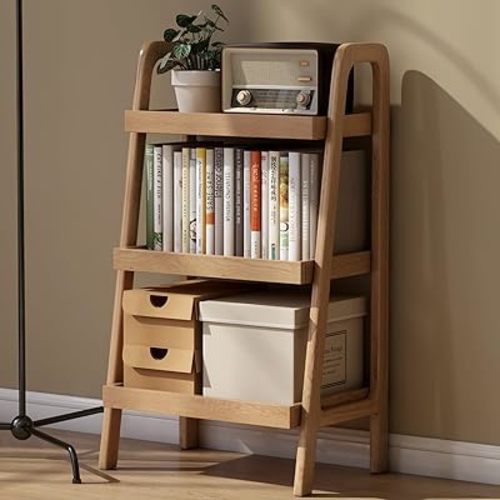 100% Solid Oak 3 Tier Ladder Shelf, Small Bookshelf, Ladder Bookshelf, Bookcase with Stable Frame, Small Table for Living Room Bedroom(Natural, 12.6" L x 17.72" W x 31.5" H)